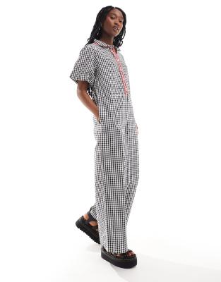 Neon Rose wide leg gingham jumpsuit in black