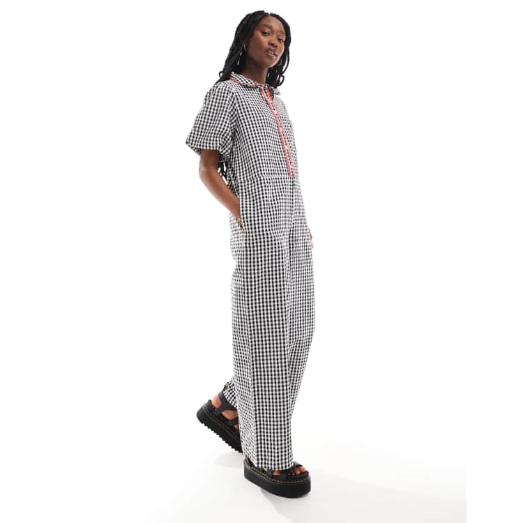 ALBION FIT Gingham Print shops Jumpsuit Cropped Wide Leg Black White size XS