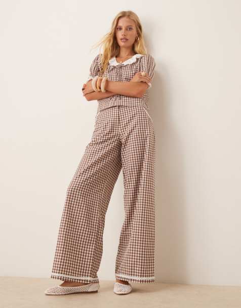 Neon Rose wide leg gingham trousers co-ord in brown