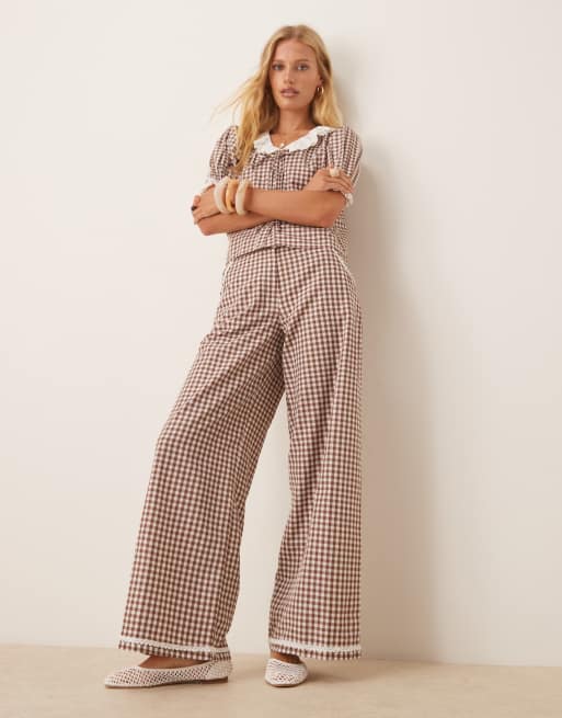 Neon Rose wide leg gingham trousers in brown