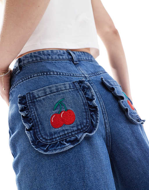 デニム・ジーパン overdue flair : 25SS / ROSE DENIM PANTS (BLUE ROSE) Neon Rose wide leg jeans with cherry applique pockets in mid