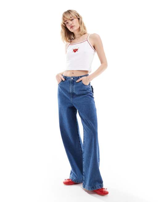 デニム・ジーパン overdue flair : 25SS / ROSE DENIM PANTS (BLUE ROSE) Neon Rose wide leg jeans with cherry applique pockets in mid