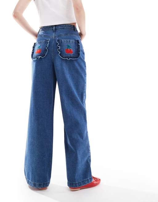 デニム・ジーパン overdue flair : 25SS / ROSE DENIM PANTS (BLUE ROSE) Neon Rose wide leg jeans with cherry applique pockets in mid
