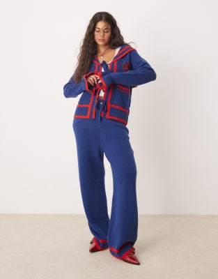 Neon Rose Wide Leg Knit Pants In Navy - Part Of A Set