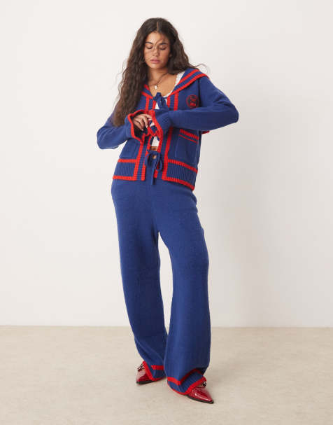 Neon Rose wide leg knitted pants in navy (part of a set) - view 1