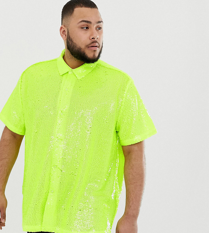 Neongul oversized revers-T-shirt med pailletter fra ASOS DESIGN Plus