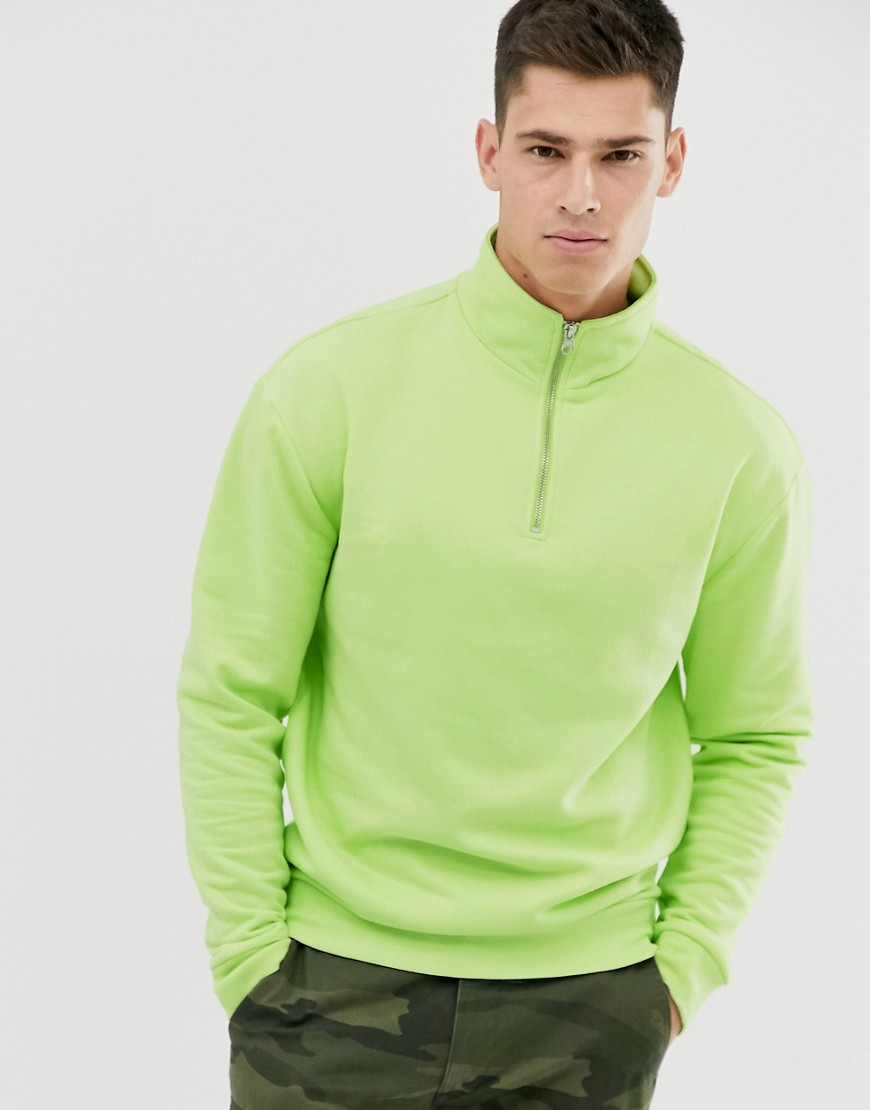 Neongul sweatshirt med halv lynlås og ståkrave fra New Look-Hvid