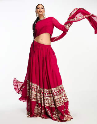 Nesavaali Nesavaali lahenga embroidered full maxi skirt in berry