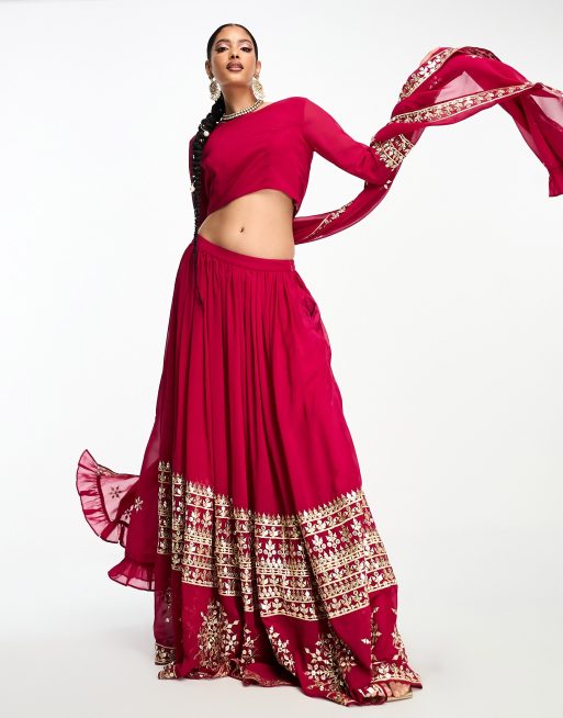 Nesavaali lehenga embroidered full maxi skirt in berry