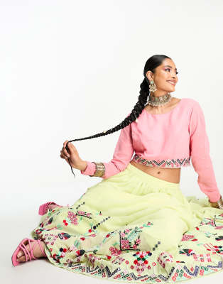 Nesavaali Nesavaali lehenga embroidered full maxi skirt in mint green