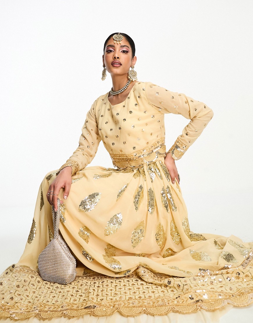 lehenga embroidered full skirt in gold