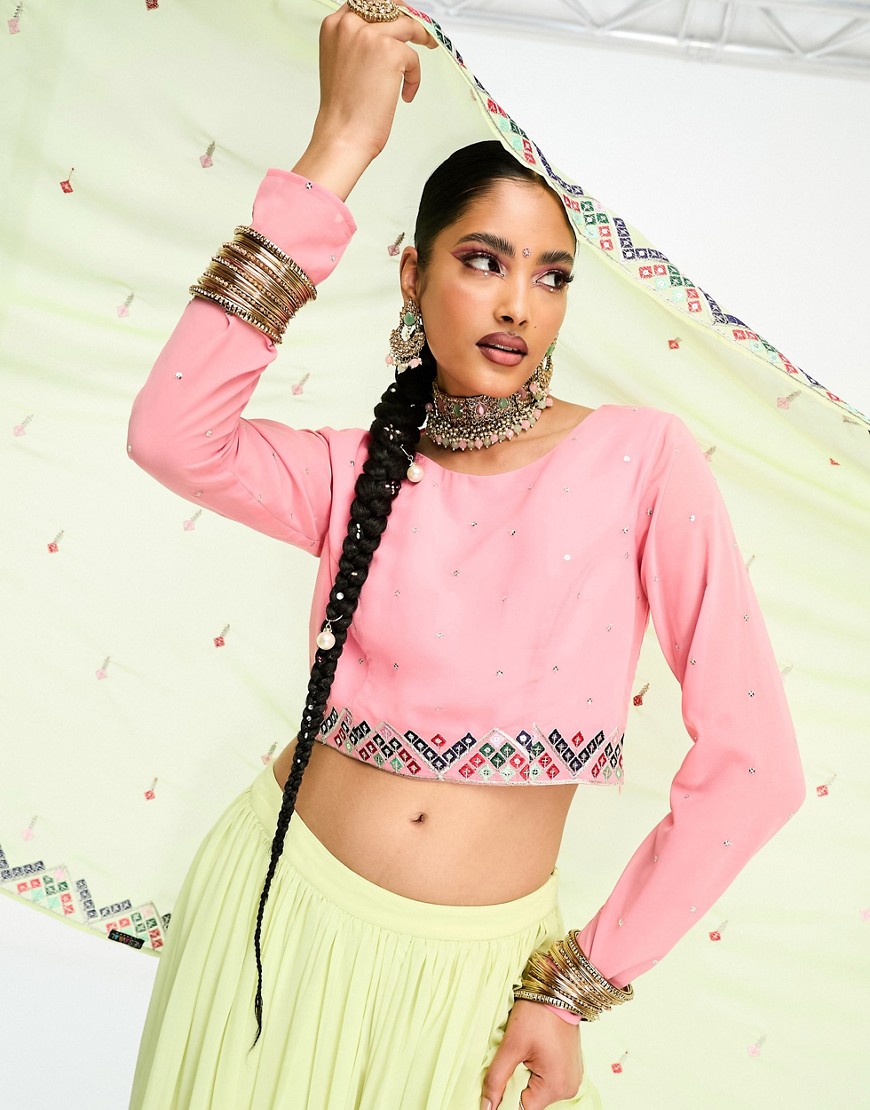 lehenga embroidered long sleeve crop top in pink-Green