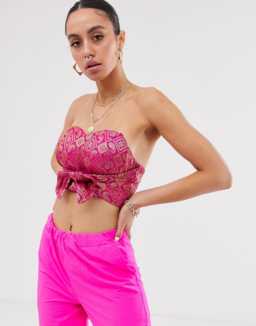 Nesavali bandeau tie front crop top in neon with jacquard detail-Pink