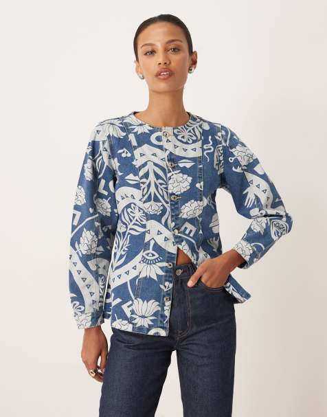 Never Fully Dressed Amara printed denim structured balloon sleeve jacket in blue - view 1