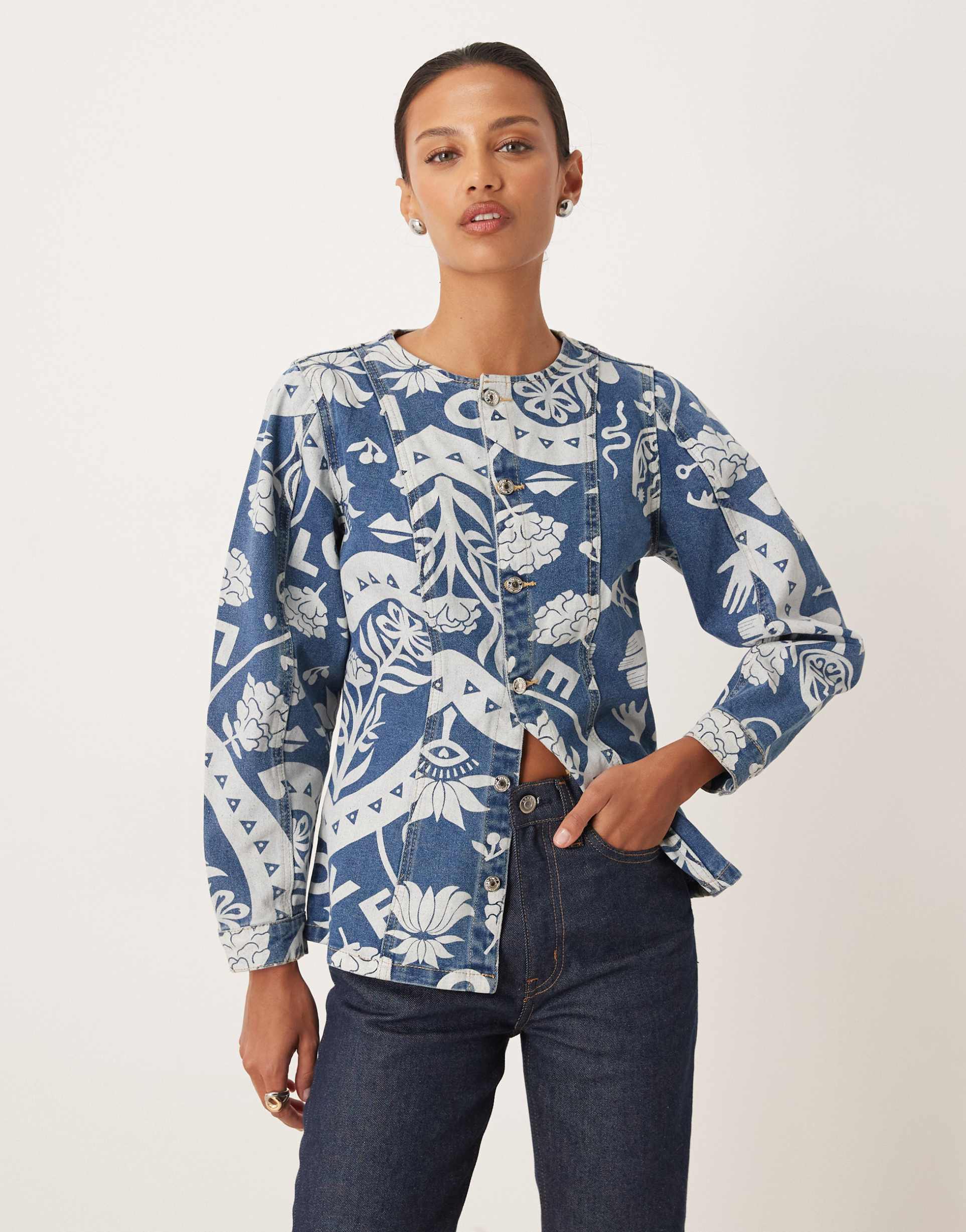 never fully dressed amara printed denim structured balloon sleeve jacket in blue