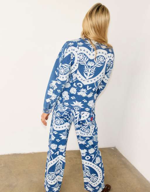 Never Fully Dressed Amara printed ruffle back pocket detail straight leg jeans in blue, 3 of 4