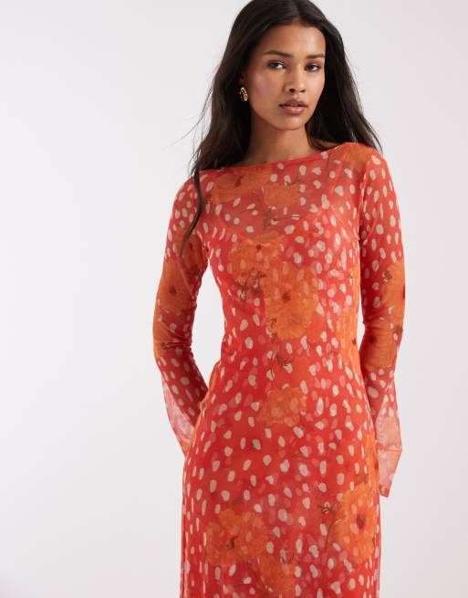 Never Fully Dressed – Aria – Korallrosa, prickig och vallmomönstrad maxiklänning i mesh med långa ärmar, 4 av 4