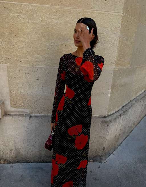 Never Fully Dressed Aria langärmliges Mesh-Maxikleid mit schwarzem Punktemuster und Mohnblumenprint, 3 von 4