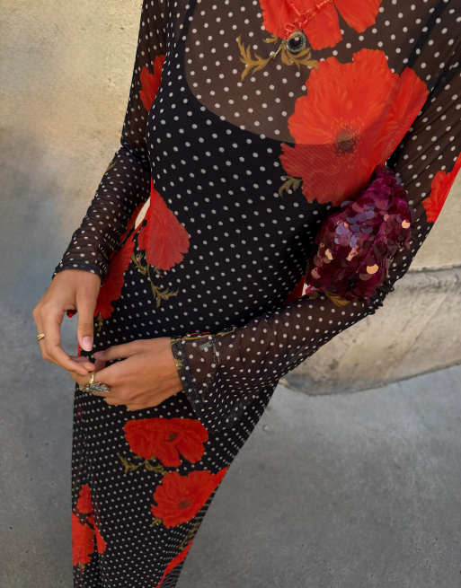 Never Fully Dressed Aria long sleeved mesh maxi dress in black polka dot poppy print, 2 of 4