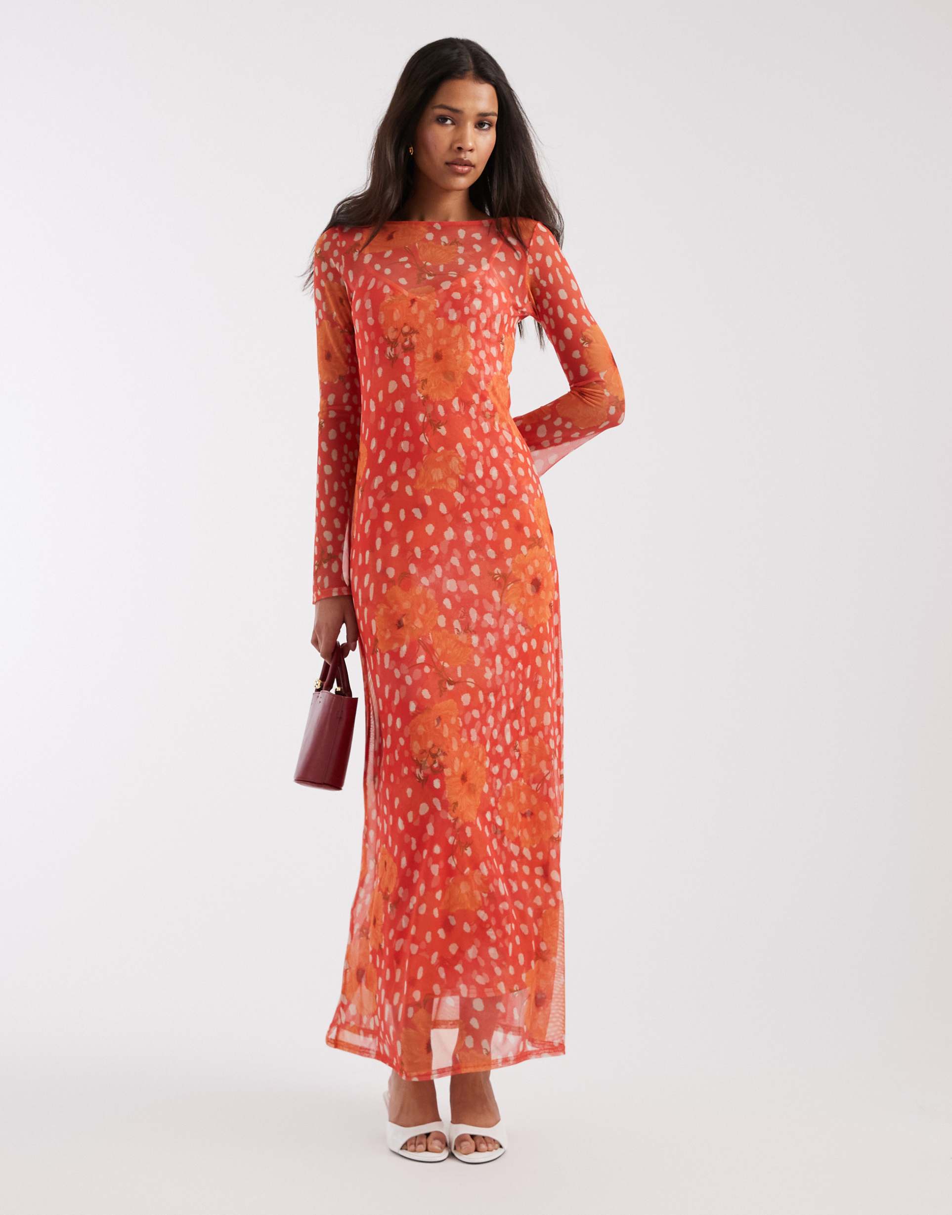 never fully dressed aria long sleeved mesh maxi dress in coral spot poppy print