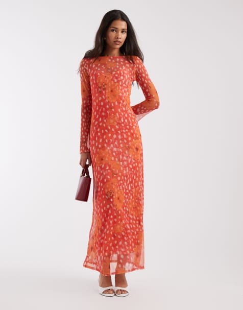 Never Fully Dressed Aria long sleeved mesh maxi dress in coral spot poppy print