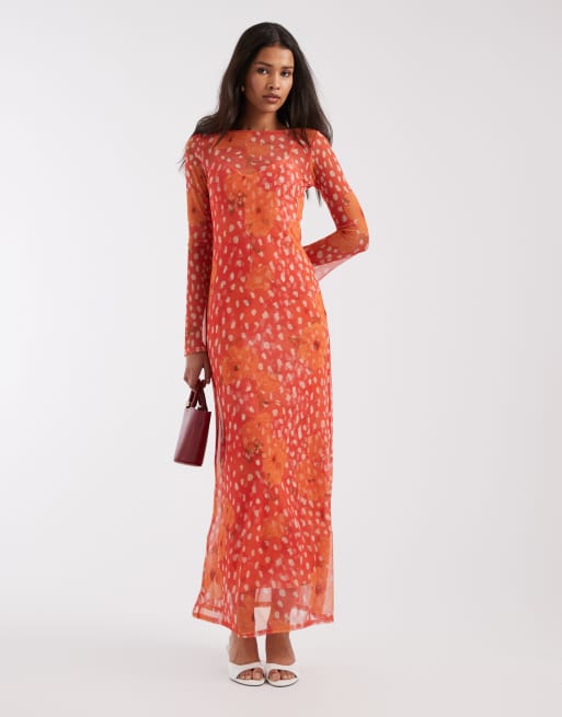 Never Fully Dressed - Aria - Maxi jurk van mesh met lange mouwen en stippenprint in koraalrood