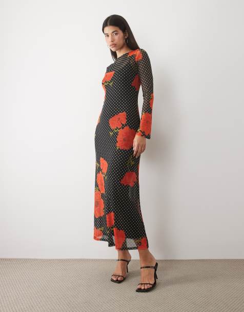 Never Fully Dressed Aria mesh long sleeve maxi dress in black polka dot poppy print - view 1