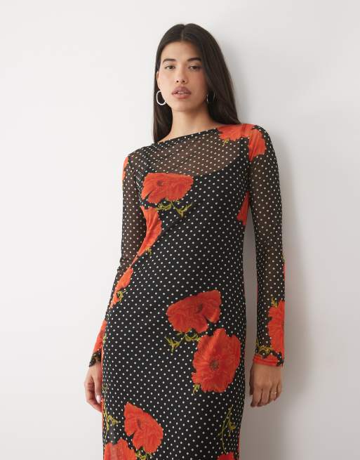Never Fully Dressed Aria mesh long sleeve maxi dress in black polka dot poppy print, 2 of 4