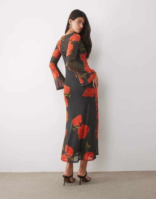 Never Fully Dressed Aria mesh long sleeve maxi dress in black polka dot poppy print, 3 of 4