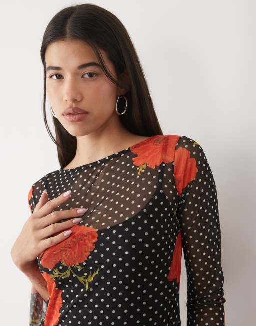 Never Fully Dressed Aria mesh long sleeve maxi dress in black polka dot poppy print, 4 of 4