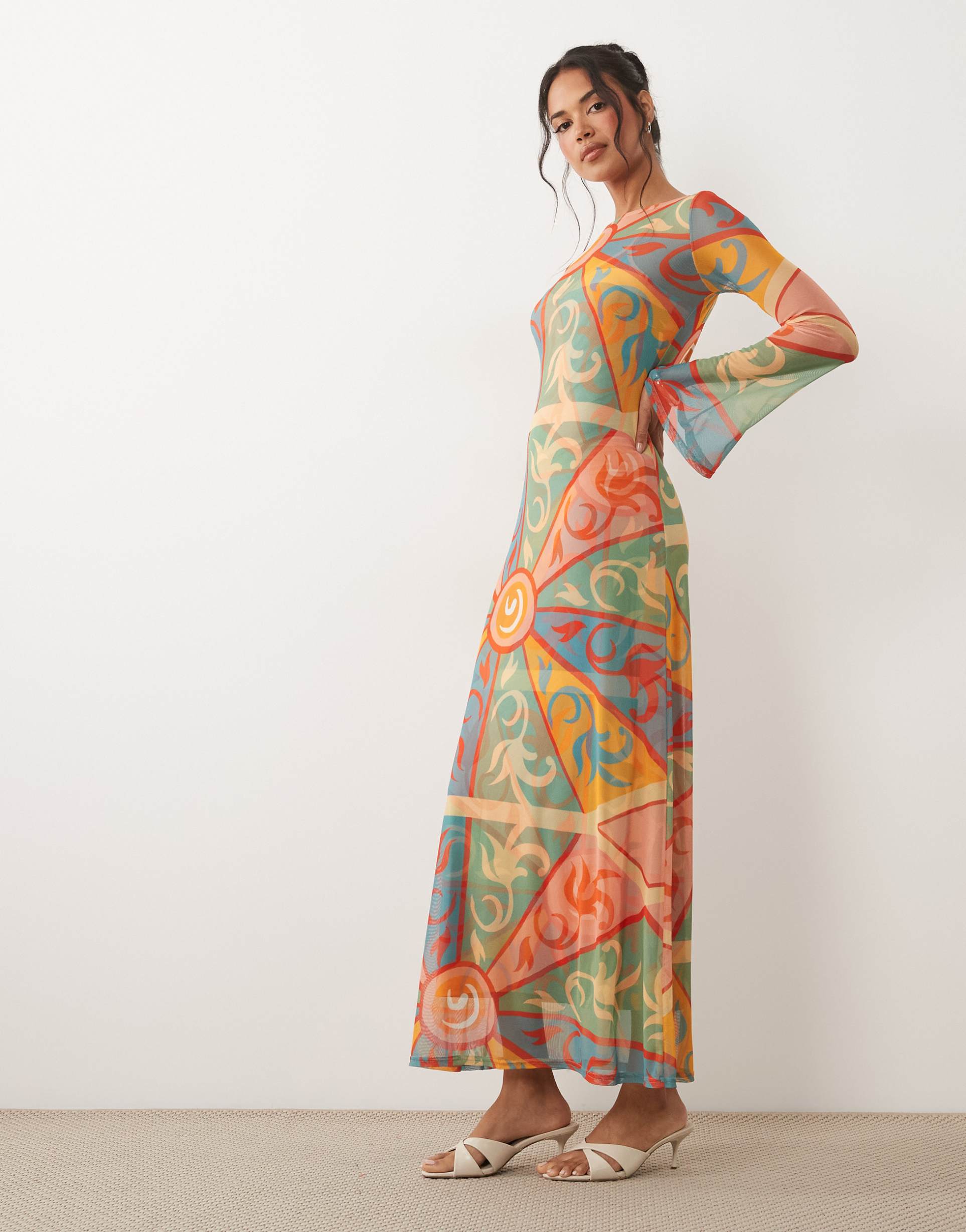 never fully dressed aria mesh long sleeve maxi dress in kaleidoscope print