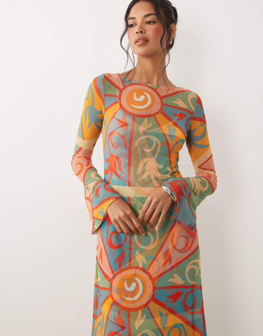 Never Fully Dressed Aria mesh long sleeve maxi dress in kaleidoscope print  | ASOS