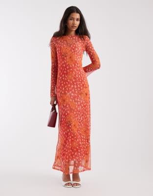 Aria - Robe longue en tulle à manches longues et imprimé coquelicots - Corail-Orange 48