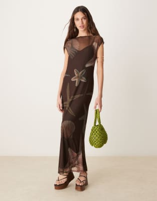 Never Fully Dressed - Ärmelloses Netzstoff-Maxikleid in Schokobraun mit Muschelmuster