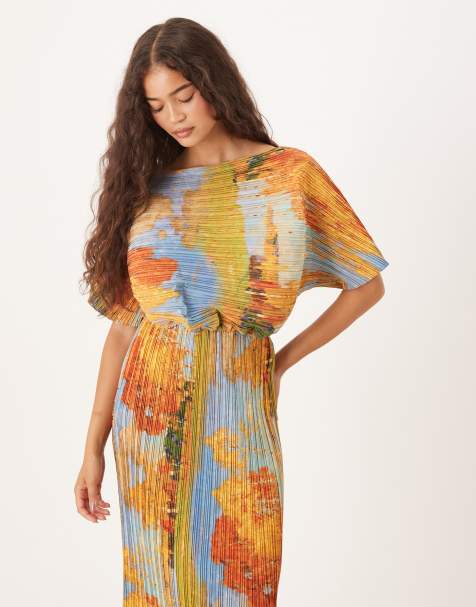 Never Fully Dressed asymmetric plisse maxi dress in artist print