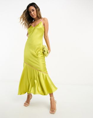 Never Fully Dressed asymmetric contrast satin slip dress in chartreuse