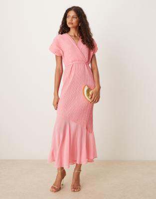 Never Fully Dressed asymmetric drop hem plisse midaxi dress in bright pink