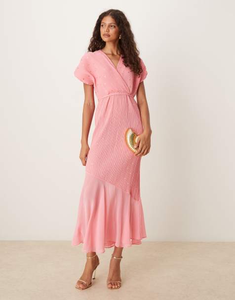 Never Fully Dressed asymmetric drop hem plisse midaxi dress in bright pink - view 1