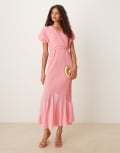 [Never Fully Dressed] Never Fully Dressed asymmetric drop hem plisse midaxi dress in bright pink S Bright Pink