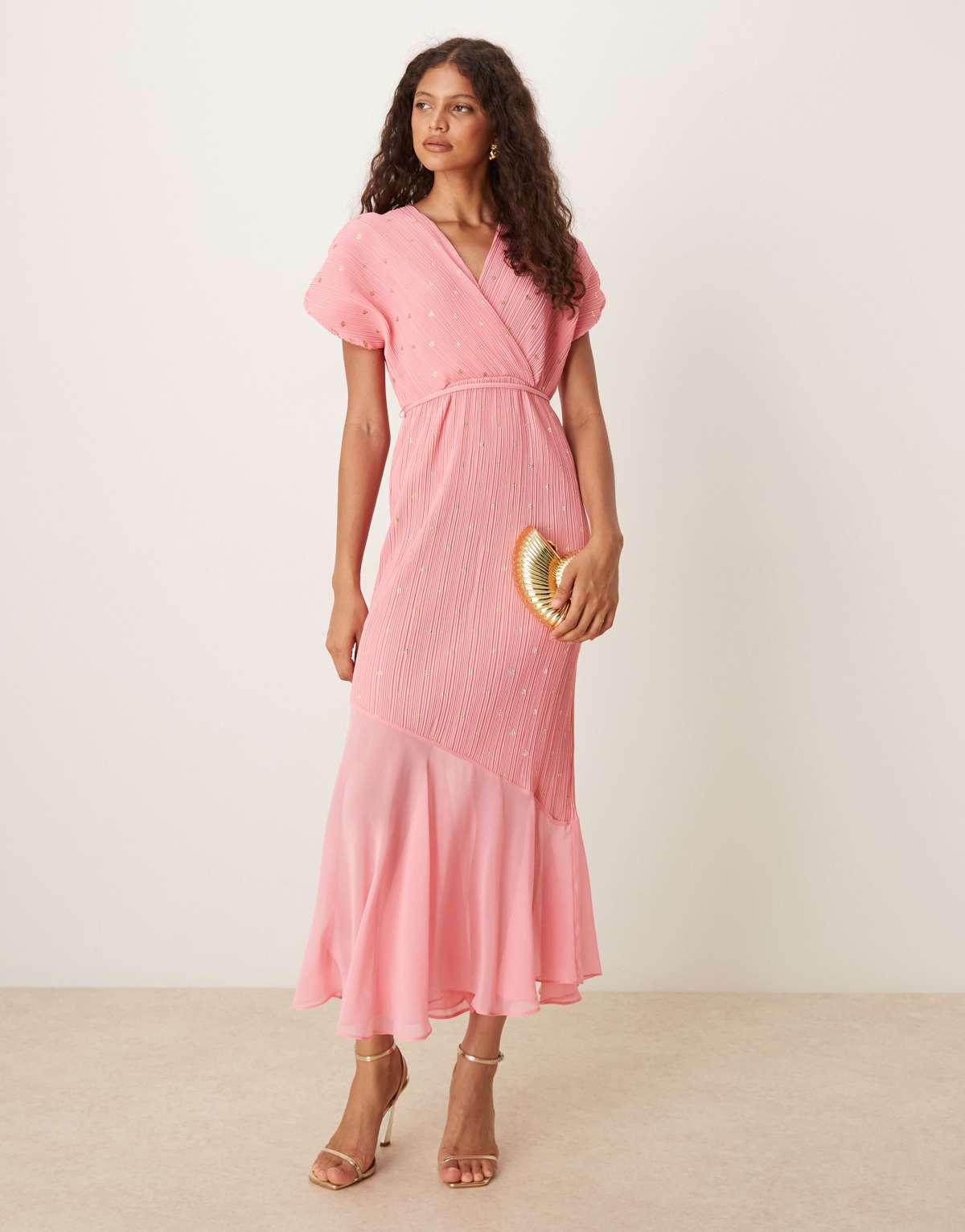 Never Fully Dressed asymmetric drop hem plisse midaxi dress in bright pink