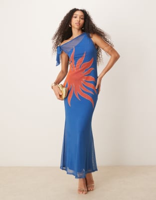 Never Fully Dressed - Asymmetrisches, schulterfreies Maxikleid in Blau mit Sonnenprint