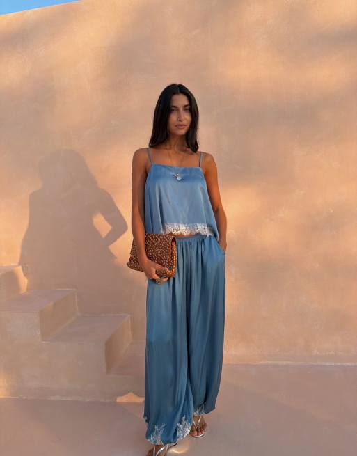 Never Fully Dressed cami top and balloon pants with lace hem set in blue, 2 of 3