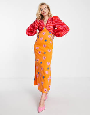 Never Fully Dressed balloon sleeve maxi dress in contrast graphic print