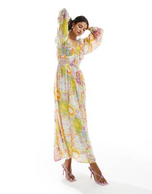Never Fully Dressed balloon sleeve maxi dress in mixed sunshine print - view 1