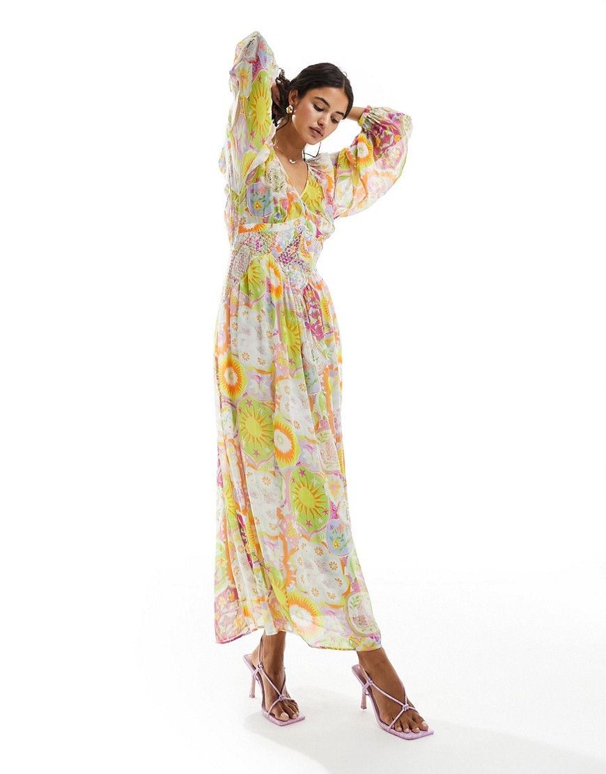 Never Fully Dressed balloon sleeve maxi dress in mixed sunshine print-Multi