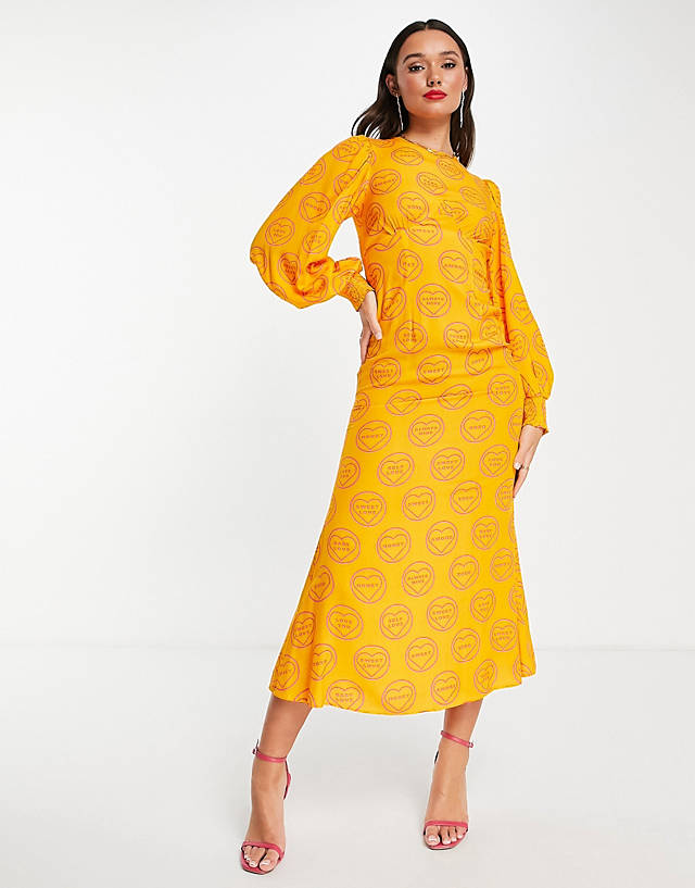 Never Fully Dressed - balloon sleeve maxi dress in orange self love print
