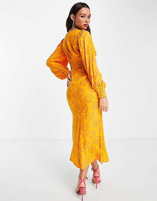 Women Never Fully Dressed balloon sleeve maxi dress in orange self love print 