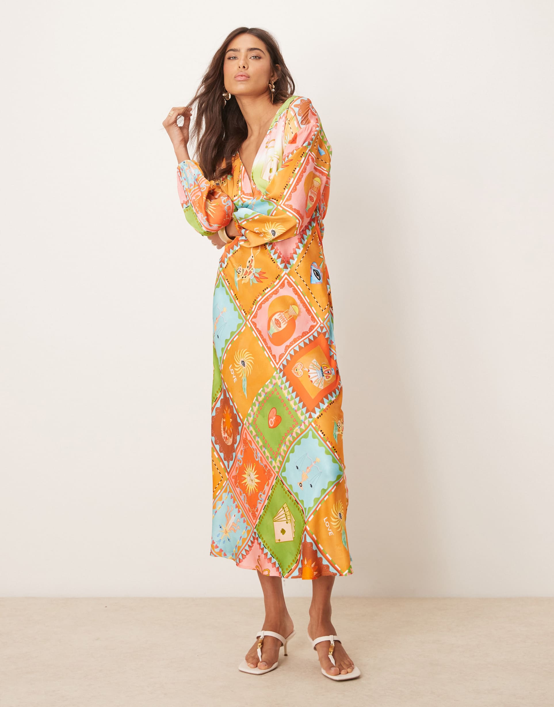 never fully dressed balloon sleeve midaxi dress in multi print