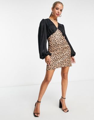balloon sleeve mini dress in contrast leopard-Multi
