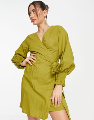 balloon sleeve shirt mini dress in olive green